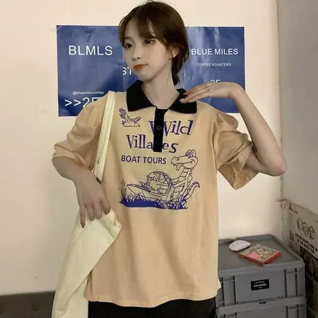 日系polo衫短袖t恤女2021新款宽松韩版半袖设计感小众上衣服ins潮商品大图