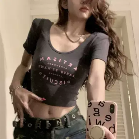 美式复古灰色u领正肩短袖t恤女夏季辣妹纯欲高腰露脐修身短款上衣商品大图
