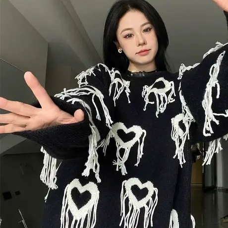 日系复古毛衣女秋冬季宽松设计感小众上衣高级感慵懒风针织衫外套商品大图