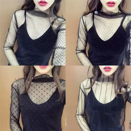 2023新款半高领网纱打底衫韩版长袖内搭秋冬上衣透视蕾丝打底衫女图片