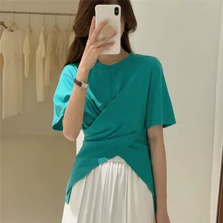 短袖t恤女2021夏季新款不规则交叉收腰显瘦设计感小众别致ins上衣商品大图