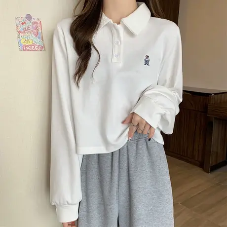 Polo领短款长袖T恤女春秋季韩版宽松学生百搭打底衫高腰上衣潮ins图片