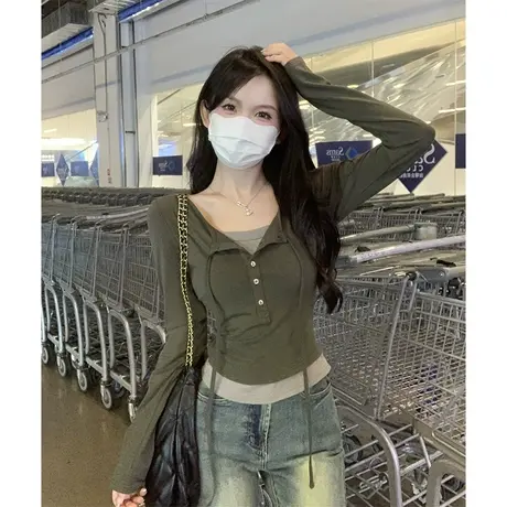 甜辣妹假两件长袖t恤女春秋季修身显瘦外穿内搭打底衫纯欲上衣服商品大图