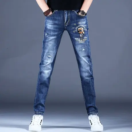 男士破洞刺绣印花牛仔裤男款高端潮牌裤子男修身小脚弹力秋款新款图片