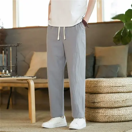 亚麻夏季长裤子男士夏天薄款休闲裤宽松百搭直筒运动裤男韩版潮流商品大图