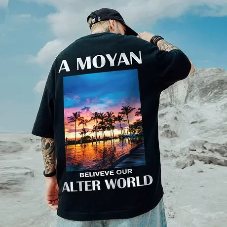 国潮原创夏季新品晚霞印花短袖宽松休闲大码五分袖潮牌ins情侣t恤图片