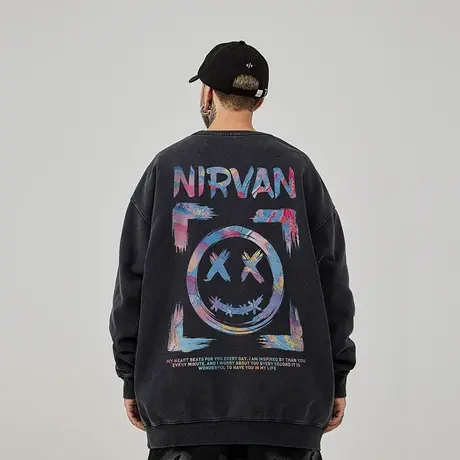 小恶魔港风圆领卫衣男潮牌ins重磅大码男装春秋加绒复古水洗做旧商品大图