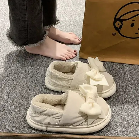 甜美可爱蝴蝶结加绒棉鞋女秋冬季居家软乎乎舒适厚底包跟毛绒拖鞋商品大图