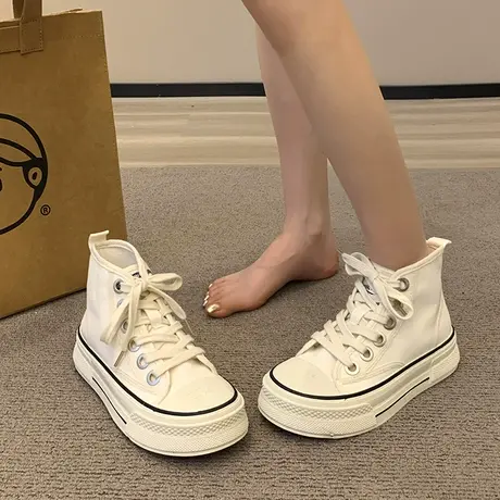 鞋子女2023年新款夏季高帮帆布鞋网红超火小白鞋厚底百搭小众板鞋图片