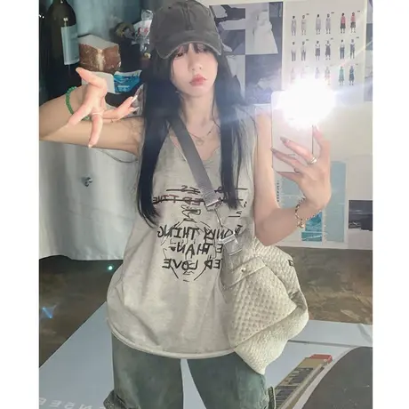 纯棉吊带运动坎肩背心无袖t恤女夏季设计感小众外穿宽松挂脖上衣商品大图