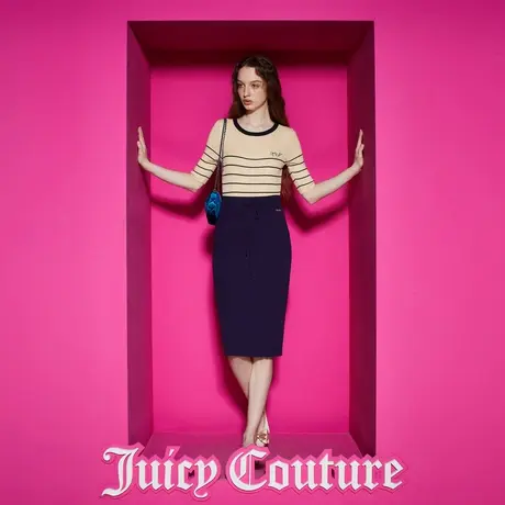 Juicy Couture橘滋女装新款娴静撞色条绣花女针织衫图片
