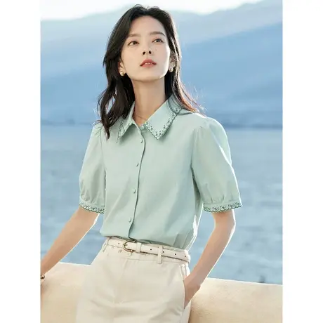 茵曼2023夏季女装新款时尚文艺波浪纹撞色刺绣纯棉短袖衬衫衬衣图片