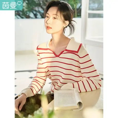 茵曼2023春季女装新款复古时尚撞色条纹翻领小V领修身长袖针织衫图片