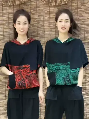 欧洲站休闲短袖T恤女哈伦裤两件套夏拼接豹纹连帽上衣九分裤套装商品大图