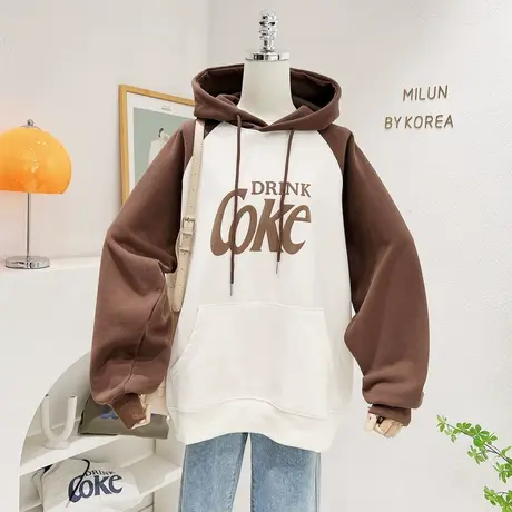 2022秋冬新款上衣chic复古美式字母休闲插肩袖连帽卫衣外套包臀商品大图