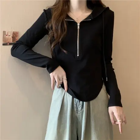 弧形下摆短款T恤长袖女初秋洋气百搭修身显瘦内搭正肩上衣打底衫商品大图