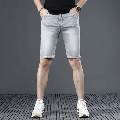 香港高端天丝牛仔短裤男五分裤夏季薄款2025新款修身男士中裤浅灰商品大图