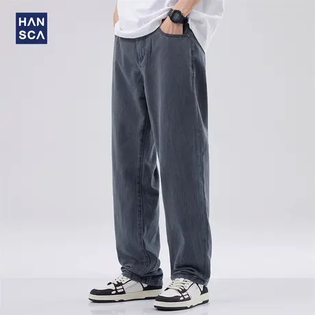 hansca灰色牛仔裤男夏季薄款潮牌垂感阔腿宽松直筒纯棉休闲长裤子商品大图
