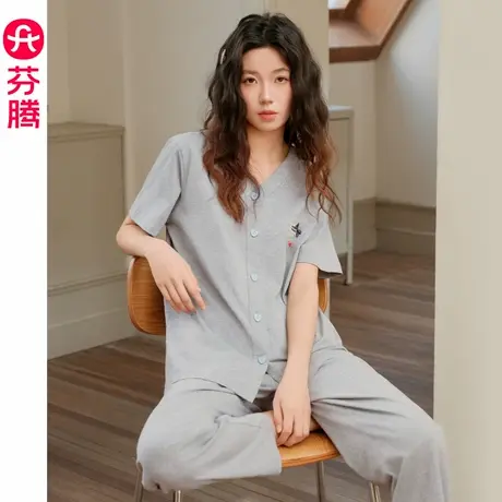 芬腾夏季女睡衣纯棉短袖长裤夏天凉感薄款大码休闲家居服女款套装商品大图
