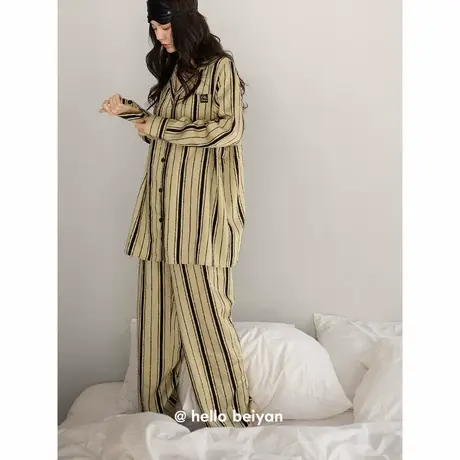 贝妍睡衣女春秋季柔软莫代尔棉长袖套装高级感条纹开衫大码家居服商品大图