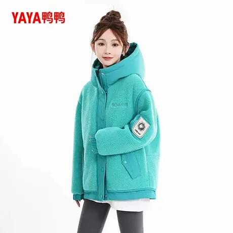 鸭鸭羽绒服女士2024秋冬新品鸭绒中长款休闲时尚撞色连羊羔毛外套图片