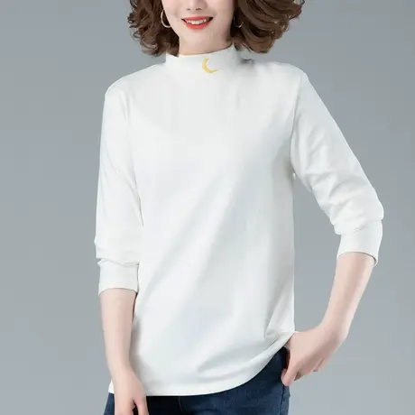 半高领打底衫女秋冬加肥加大码女装宽松中年妈妈刺绣全棉长袖t恤商品大图