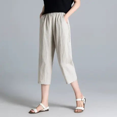 七分裤女夏薄款亚麻加肥加大码女裤宽松百搭休闲松紧腰棉麻哈伦裤商品大图