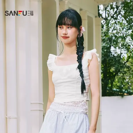 三福女夏季木耳边小衫背心 时尚甜美少女休闲无袖上衣504260商品大图