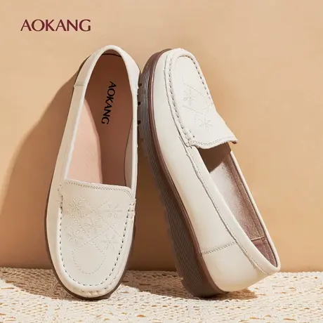 奥康 女鞋妈妈鞋秋季新款一脚蹬防滑真皮乐福鞋平底防滑女士鞋L图片