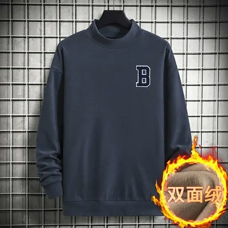 半高领卫衣男2023新款秋冬加绒保暖双面绒无帽上衣服中领长袖t恤商品大图