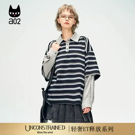 a02【ET释放系列】宽松polo领假两件长袖T恤女秋季新款设计感上衣商品大图