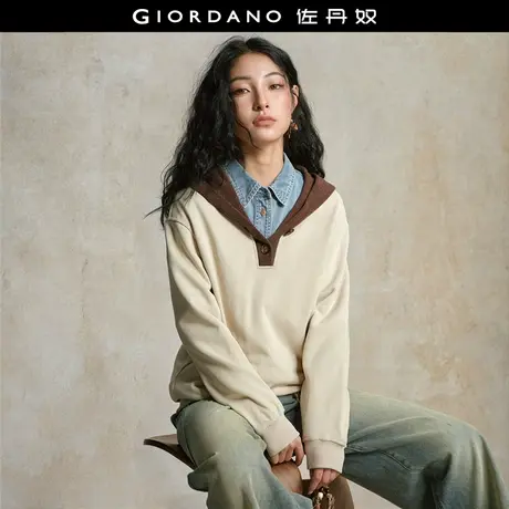设计师款佐丹奴外套女秋冬新款撞色拼接宽松套头连帽卫衣18325519商品大图