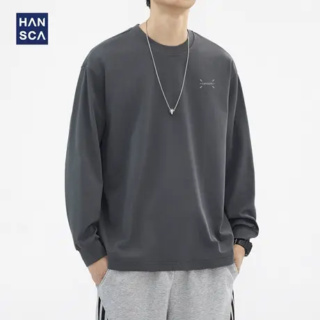 hansca305g高支高密精梳棉t恤男长袖春秋季宽松圆领印花休闲上衣图片