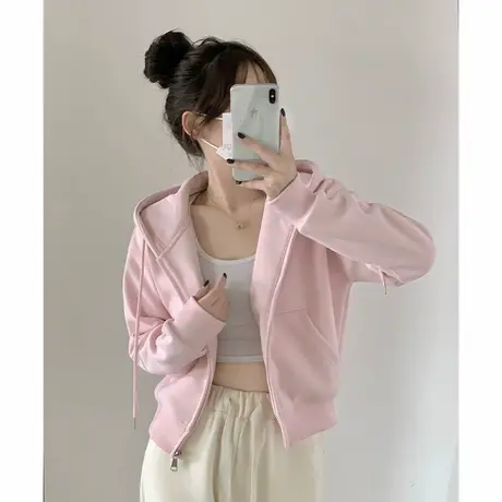 粉色秋冬款拉链短款卫衣外套女2025新款连帽拉链穿搭加绒加厚上衣商品大图