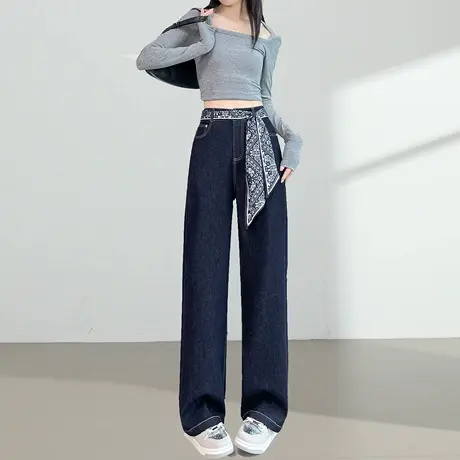 复古丝巾腰带阔腿牛仔裤女秋季新款裤子高腰显瘦丹宁蓝宽松直筒裤图片