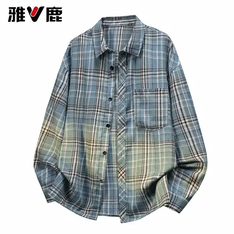 雅鹿2026春季新款宽松潮牌港风翻领长袖衬衫男渐变色复古格子衬衣图片