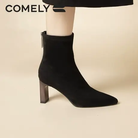 康莉时装靴女粗跟2022年冬季新款商场同款真皮后拉链气质高跟短靴商品大图