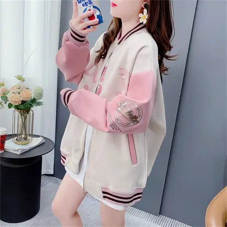 韩版炸街潮牌粉色棒球服外套女2023秋季新款宽松时尚撞色开衫卫衣商品大图