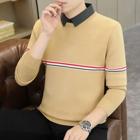 假两件毛衣男衬衫领商务2023秋冬季潮流条纹男士青年打底衫针织衫商品大图