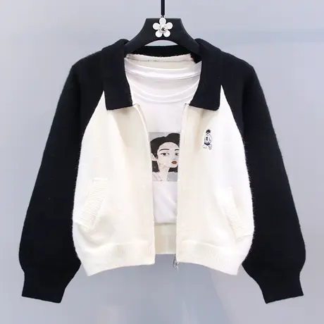撞色卡通刺绣polo领毛衣外套女秋冬2023新款宽松百搭休闲针织开衫商品大图