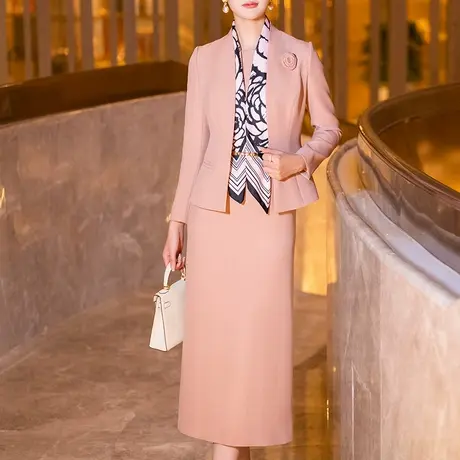 粉色职业西装套装女秋冬2023年新款气质端庄修身显瘦连衣裙两件套商品大图