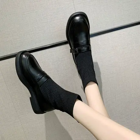 袜靴女2023年新款春秋单靴网红英伦风百搭黑色粗跟瘦瘦短靴ins潮商品大图