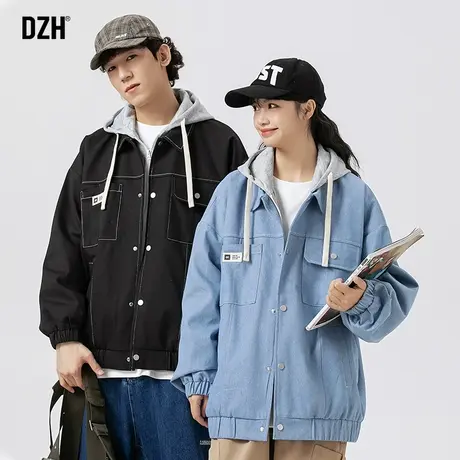 情侣假两件牛仔外套男春秋季工装夹克男士2023新款青少年连帽上衣商品大图