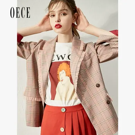 Oece春装新款女装 甜蜜小复古可爱花边翻领英伦格纹西装外套商品大图