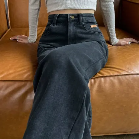 直筒牛仔裤女秋冬季2023年新款高腰宽松窄版小个子黑色裤子阔腿裤商品大图