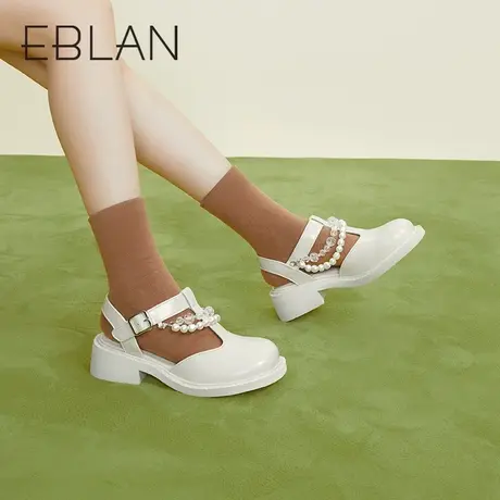 伊伴春季玛丽珍鞋后空凉鞋低跟珍珠浅口单鞋女鞋四季鞋小皮鞋商品大图