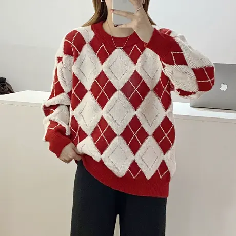 红色毛衣女菱形外穿2023年秋冬新款爆款针织宽松上衣秋冬季打底衫商品大图
