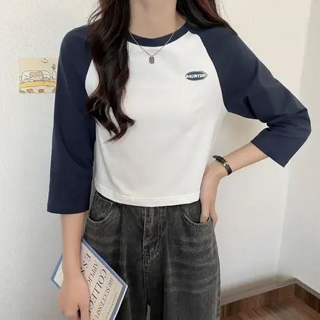 唐狮插肩袖撞色上衣ins风紧身夏季美式字母中袖T恤女设计感潮流图片