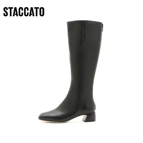 思加图新款骑士靴长靴粗跟高靴女方头空姐靴皮靴EFK02DG2商品大图