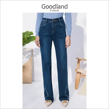 *Goodland美地女装冬季高腰直筒蝴蝶钉钻直筒阔腿牛仔裤商品大图